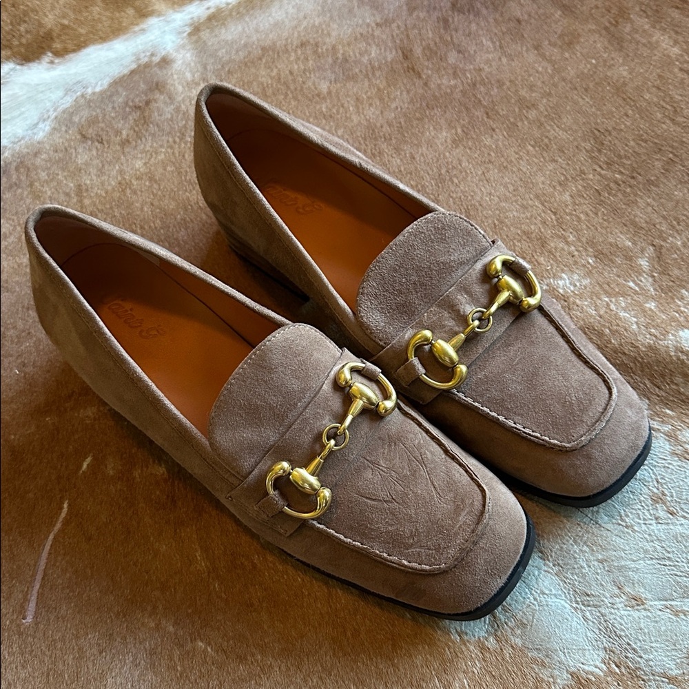 Tan Suede Loafers with Gold Hardware